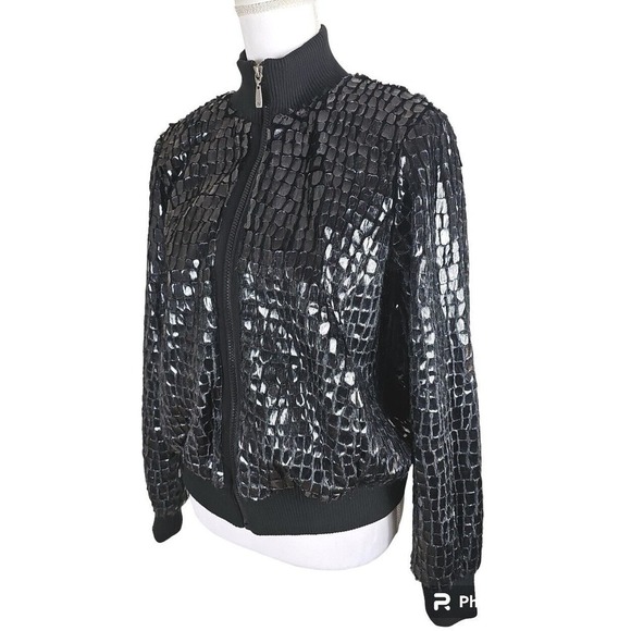 Peter Nygard ~Woman Size 8~ Black Shimmering Zip-Up Bomber Jacket Fully Lined. - Picture 10 of 12